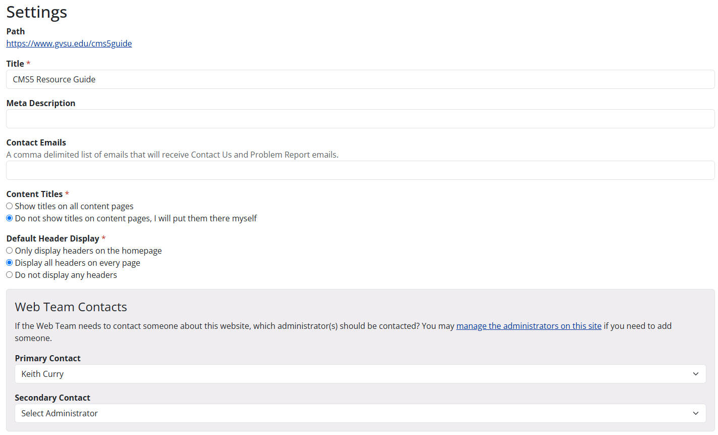 screenshot of site settings on cms5